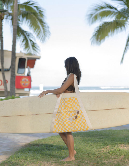 Mostly Sunny- Surfboard Sling in Yellow Checker @its__mostlysunny